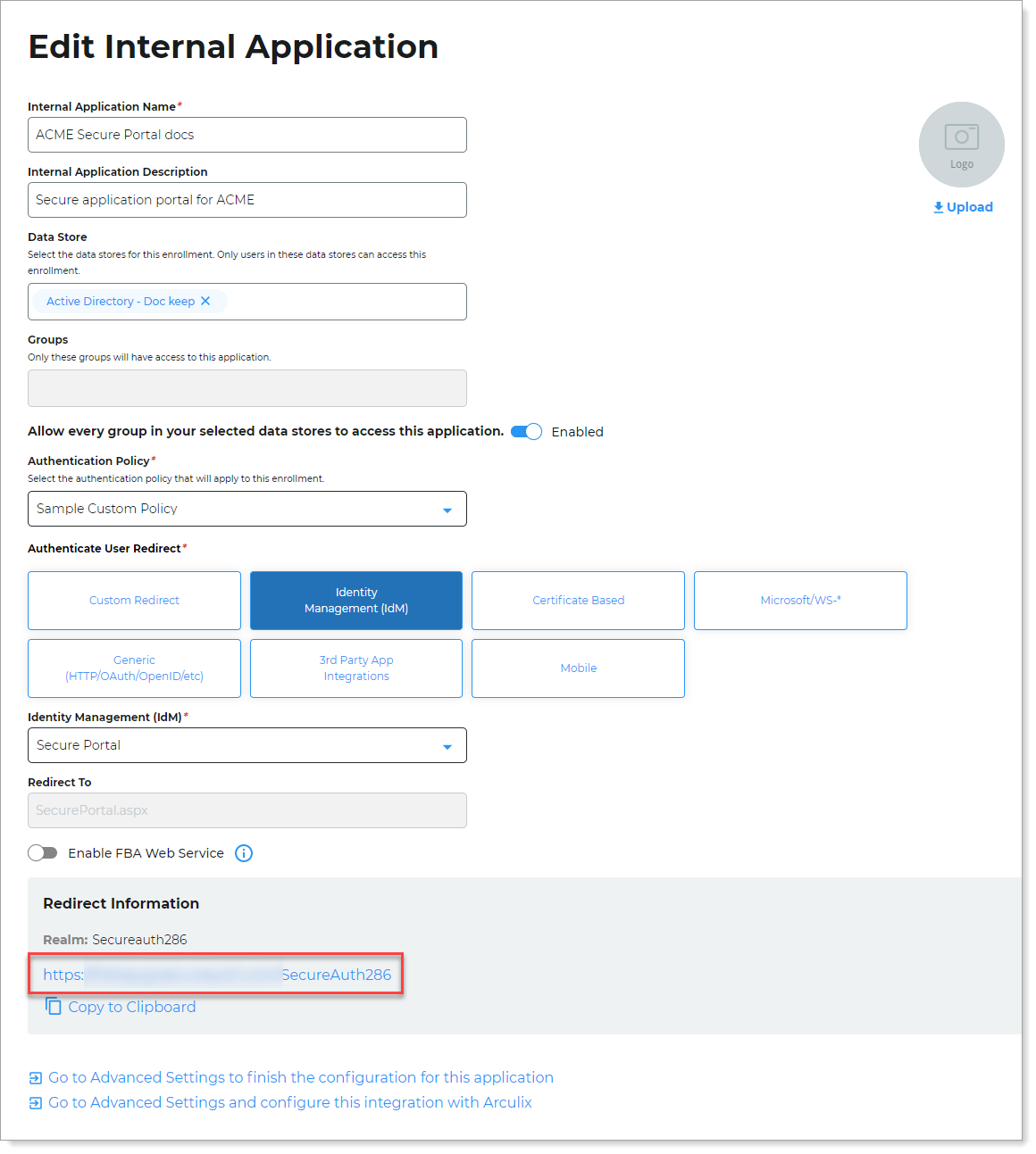 Screenshot of internal application in edit mode, highlighting the login URL.