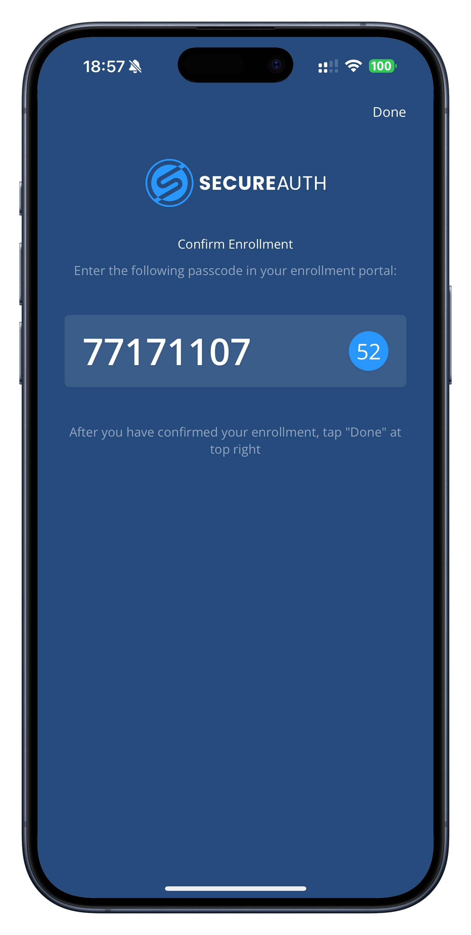 SecureAuth Authenticate app enrollment confirmation screen displaying temporary TOTP passcode with countdown timer.