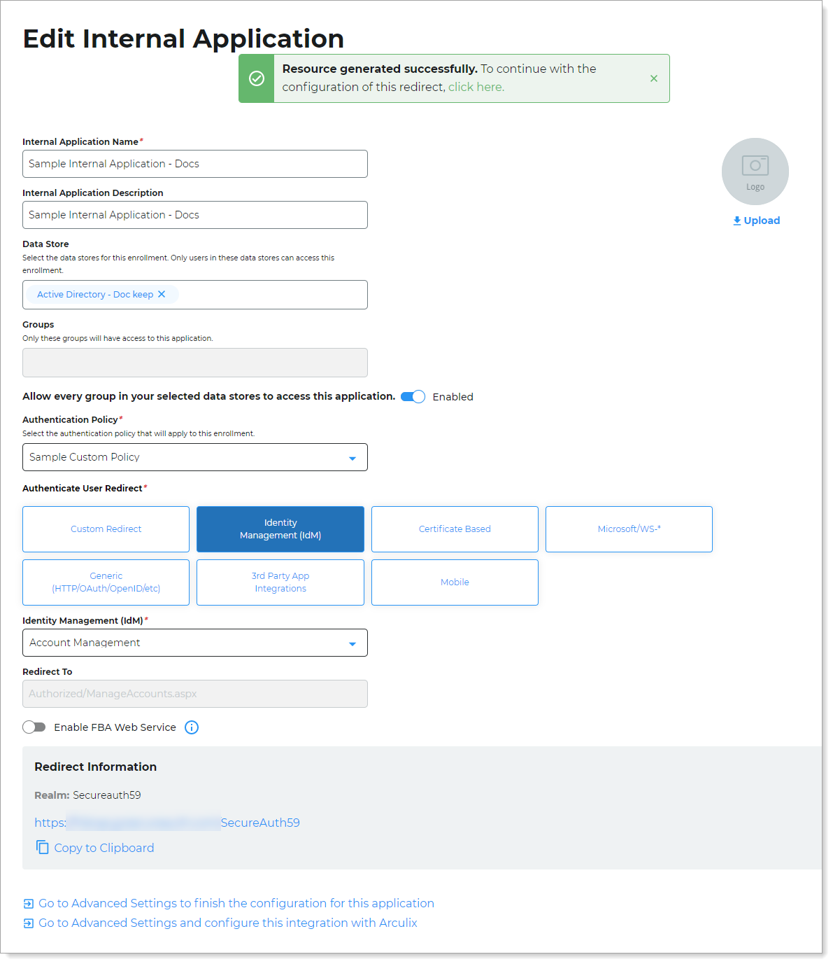 Screenshot of internal application configuration in the New Experience UI.