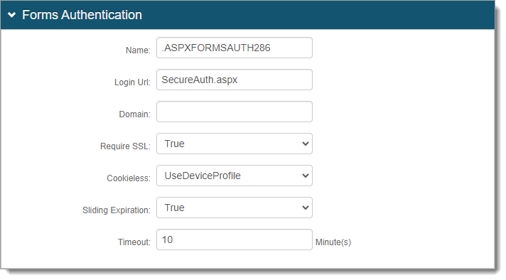 Screenshot of Forms Authentication section in the classic Post Auth tab.